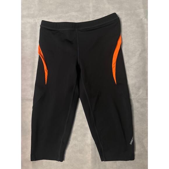 Saucony Black/Orange Capri Leggings S Bicycle Shorts Bikercore Activewear Cycle - Picture 3 of 8